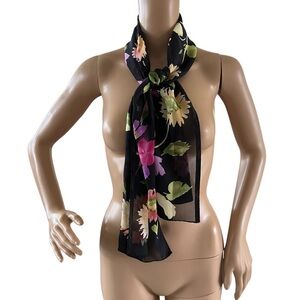 ECHO Silk Chiffon Vintage 1990s sheer scarf black floral flowers 52” X 11”